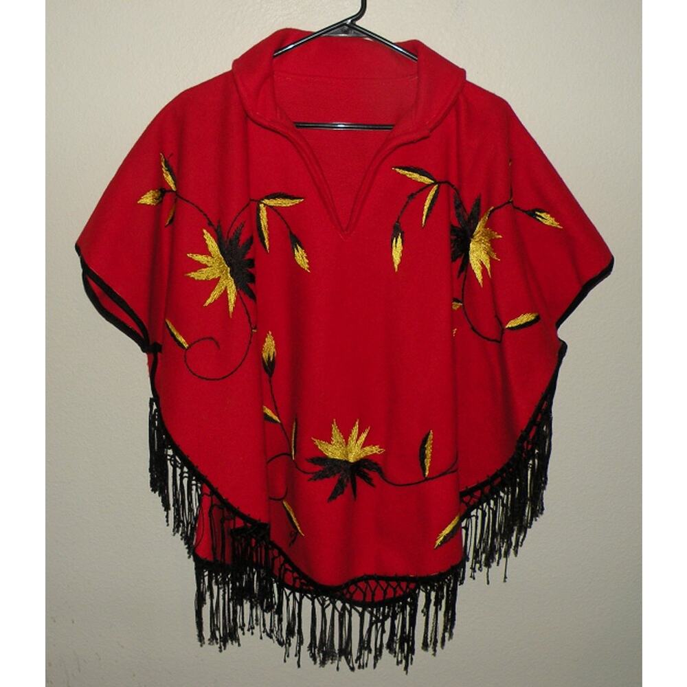 Handmade Women’s Wool V-Neck Shawl Poncho Red Embroidered With Black Fringe